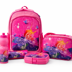 SCHOOL BAG TROLLEY 18" WITH LUNCH BAG, PENCIL CASE, DINNER SET & WATER BOTTLE PINK WITH BUTTER FLY DESIGN