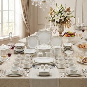 Blumen Imperial Gold Lace 110-Piece Bone China Dinner Set – Soft Square Edition Ms Department Store Oman