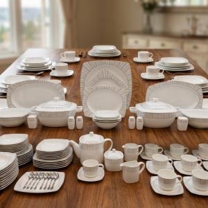 Blumen Modern Silver-Lined Linear 57-Piece Fine Porcelain Dinner Set Square Ms Department Store Oman