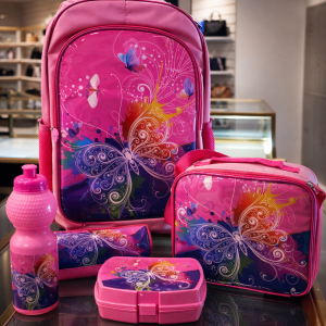 SCHOOL BAG TROLLEY 18" WITH LUNCH BAG, PENCIL CASE, DINNER SET & WATER BOTTLE PINK WITH BUTTER FLY DESIGN