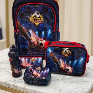 SCHOOL BAG TROLLEY 18" WITH LUNCH BAG, PENCIL CASE, DINNER SET & WATER BOTTLE WITH SOCER PRINT